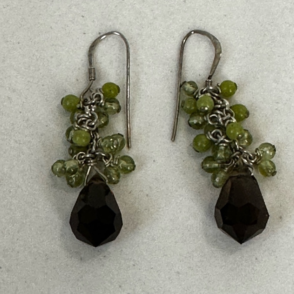 Pierced handcrafted French wire crystal beaded earrings  Green and dark Amber